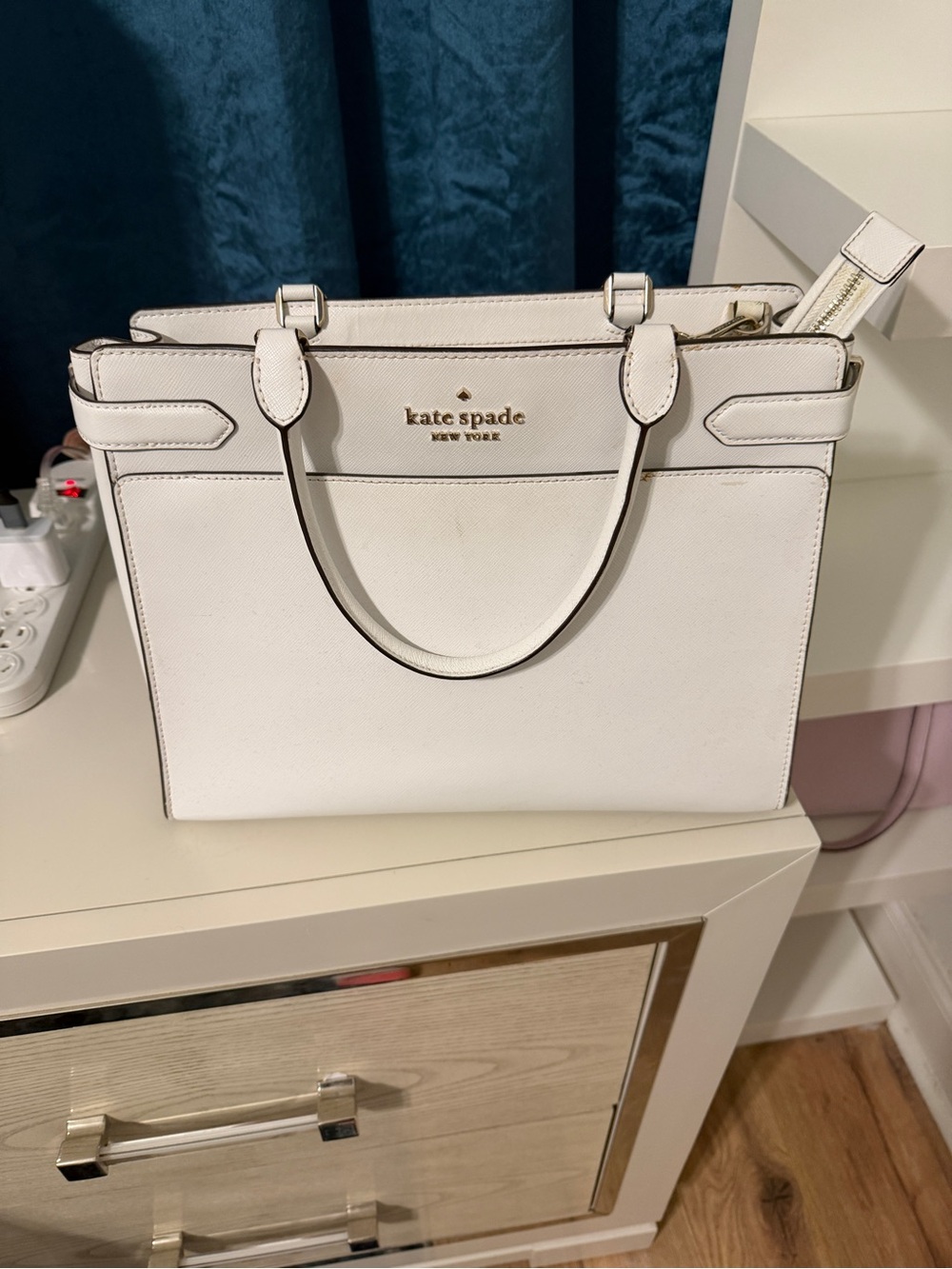 kate spade white leather satchel with gold logo